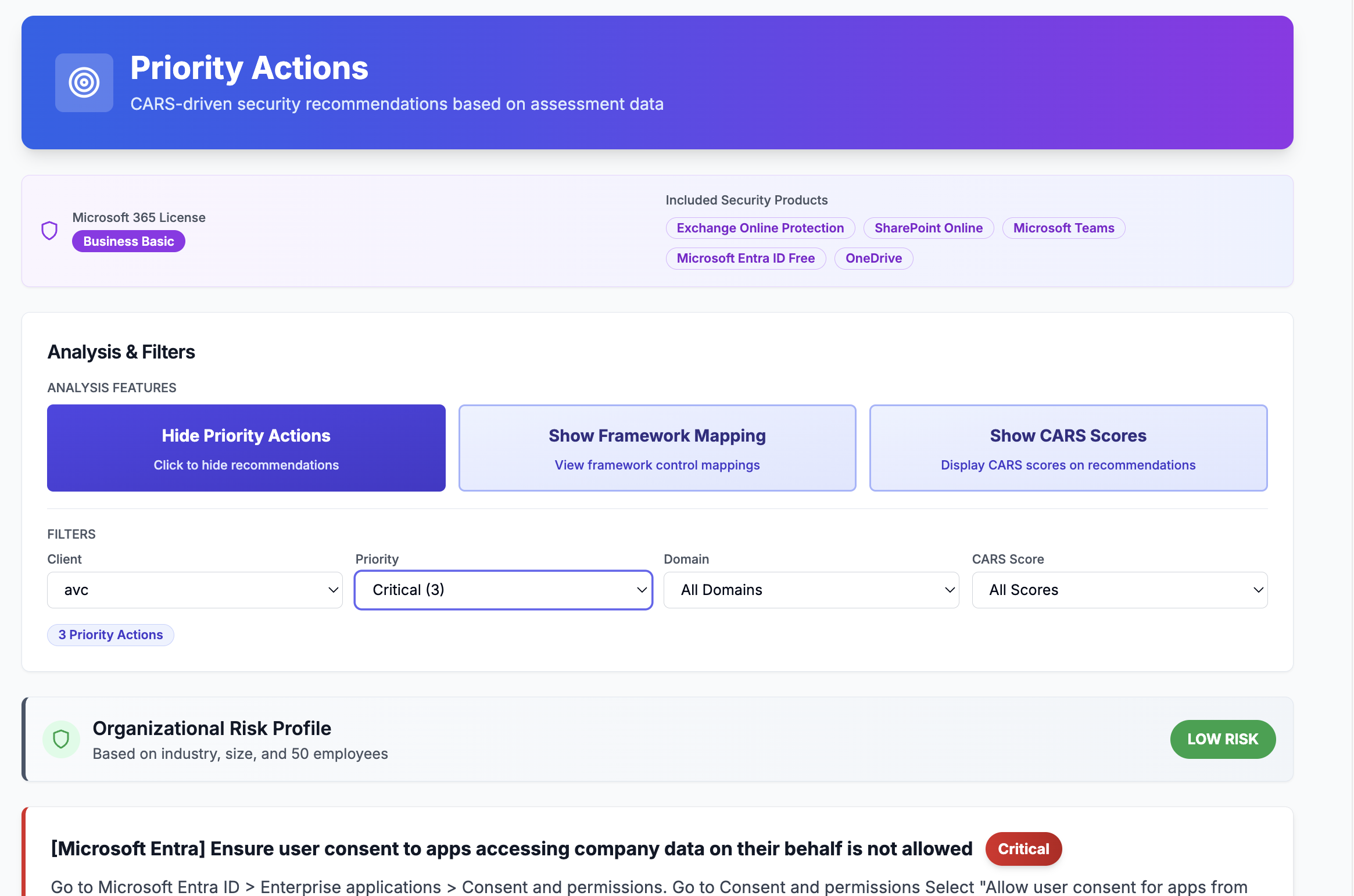 CYBERWHITE Priority Actions: CARS-ranked security recommendations for a client tenant